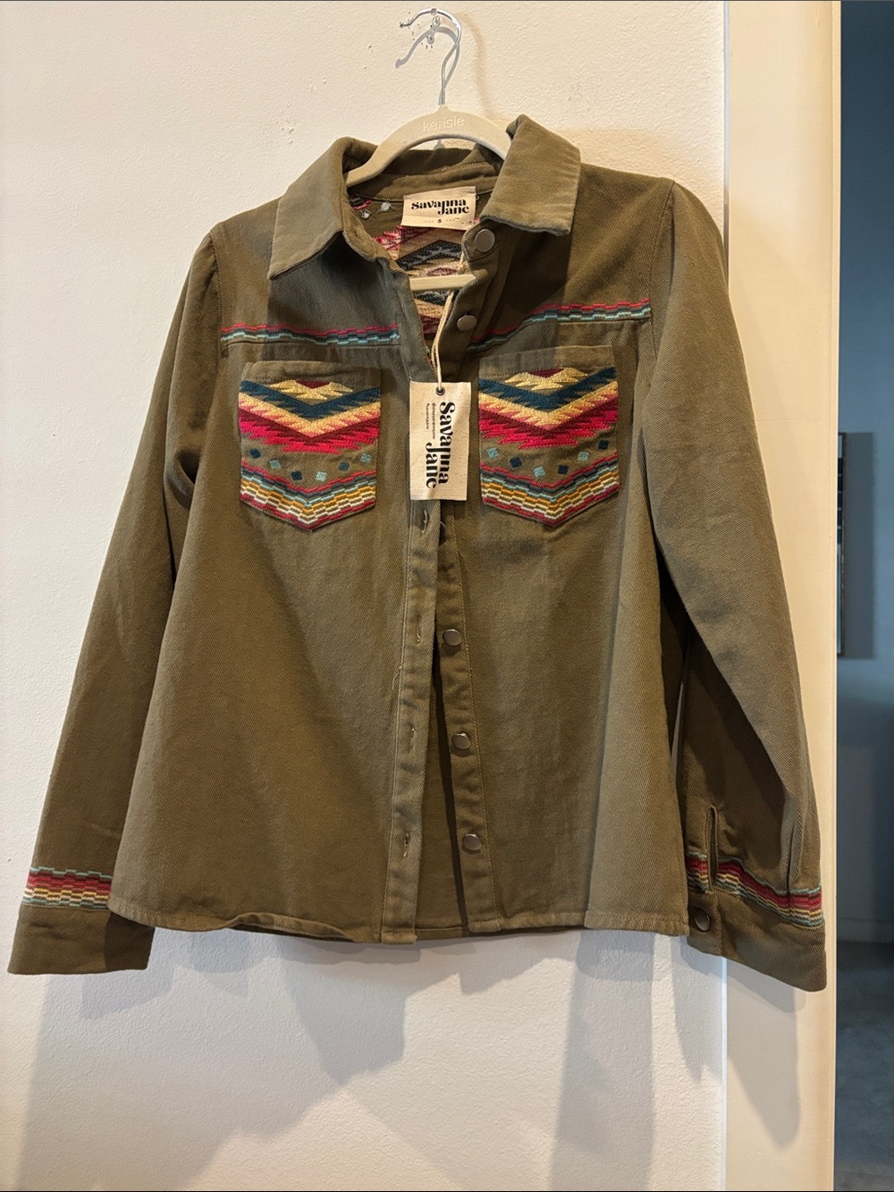 NWT Savanna Jane Olive Green Denim Jean Embroidered Button-Up Jacket Small Boho